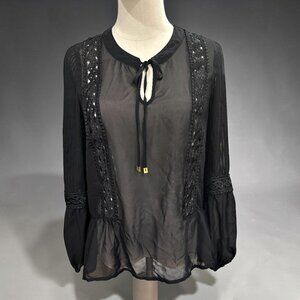 Whimsigoth Black Sheer Lace Blouse S Tie Neck Peplum BOHO Gothic Top Romantic